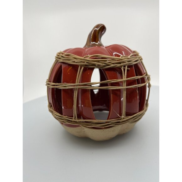 Ceramic Pumpkin Candle Holder With Rustic Wicker Detailing - Picture 10 of 13